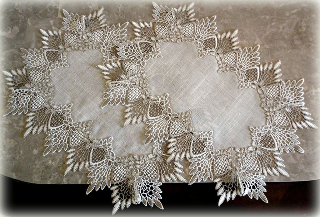 Set Of Two Doilies Dresser Scarf Neutral Earth Tones European Lace