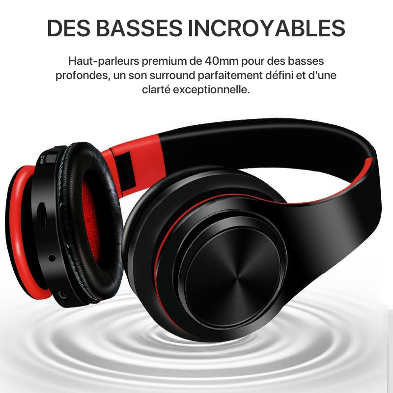 casque bluetooth sans fil b7 noir et rouge pliable avec des basses super graves