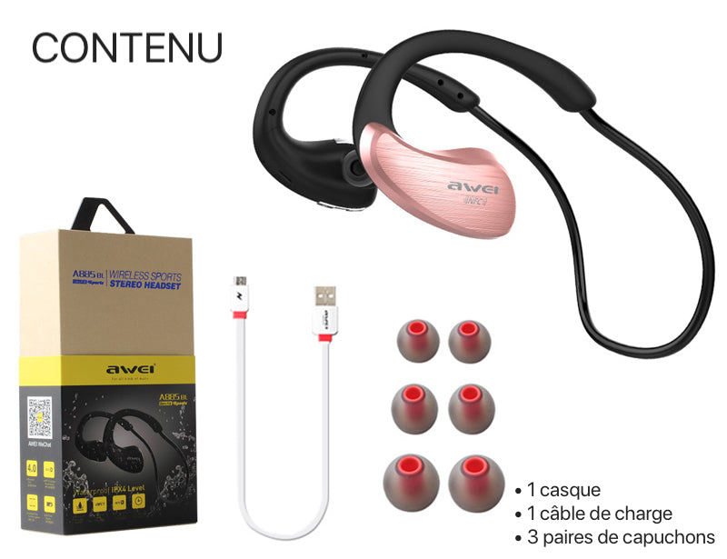 Les écouteurs sport Bluetooth A885BL sont livrés avec un câble de charge, 3 paires de capuchons d'oreilles en plusieurs tailles (petit, moyen , grand)