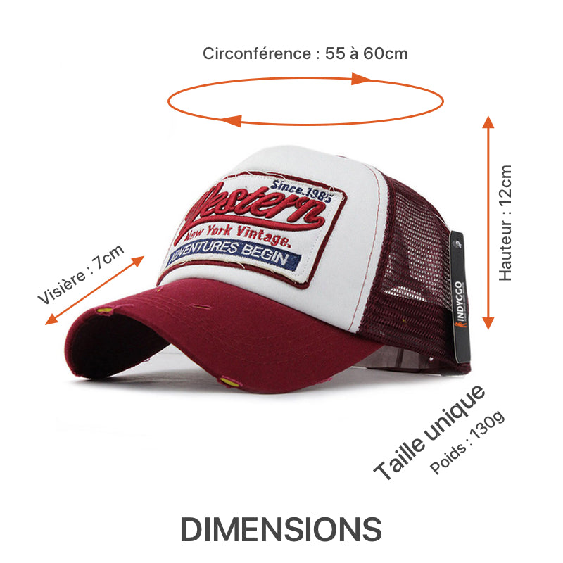 Dimensions de la casquette WESTERN pour homme et femme