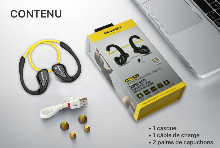 Les écouteurs sport Bluetooth A880BL sont livrés avec un câble de charge, 3 paires de capuchons d'oreilles en plusieurs tailles (petit, moyen , grand)