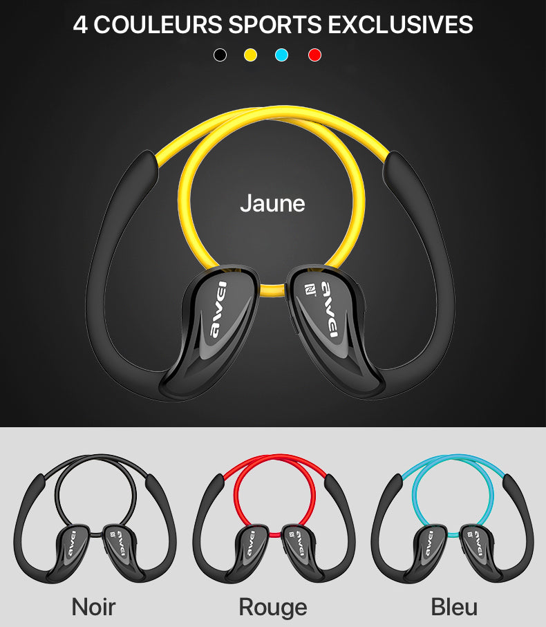 Les écouteurs sport Bluetooth A880BL sont disponibles en plusieurs couleurs (Jaune, Noir, Rouge, Bleu)