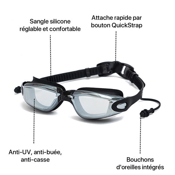 Lunettes de natation étanches à mémoire forme avec sangle réglable facilement.