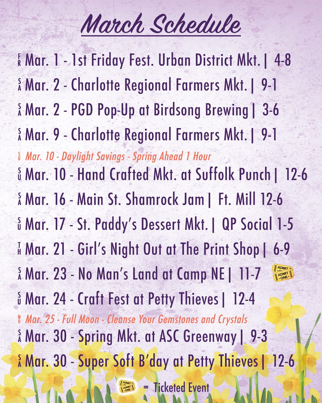 Purple Girl Designs March Schedule 2024