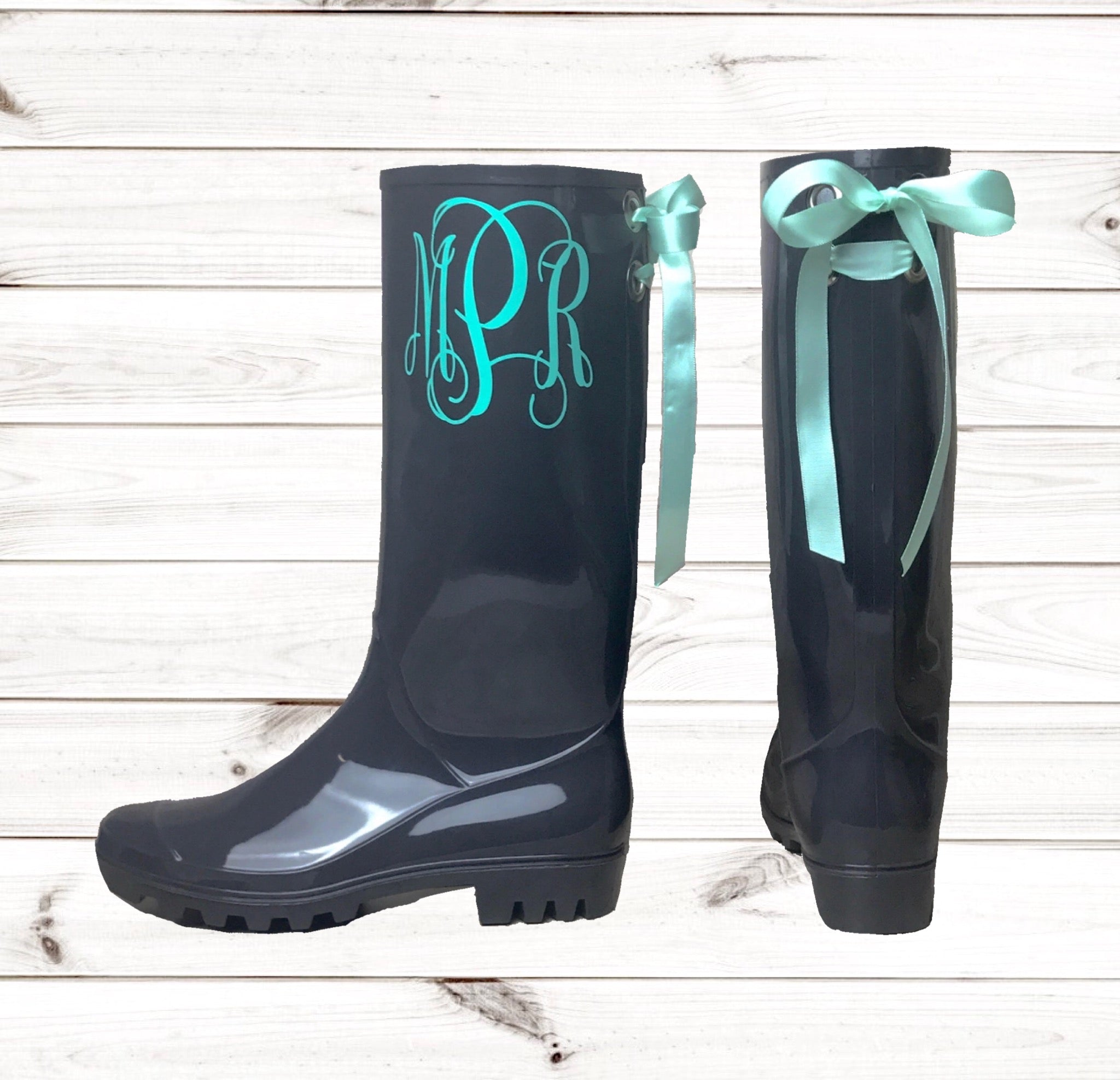 Monogrammed Gray Rain boots with bows 