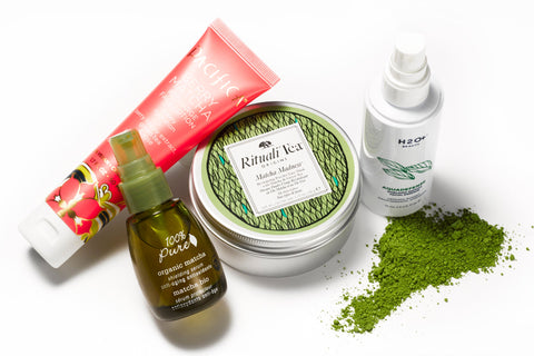 A variety of matcha beauty products placed together as an example of how to use matcha tea