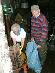 A nonna and nonno making grappa in their cellar in Volastra