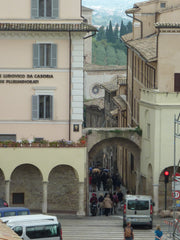 The streets in Assisi can be dangerous for tourists dodging rare but speeding local traffic.