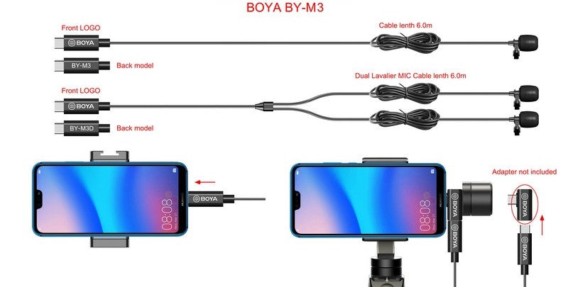 stream source BOYA BY-M3D digital dual lavalier microphones for type-c devices comparison table