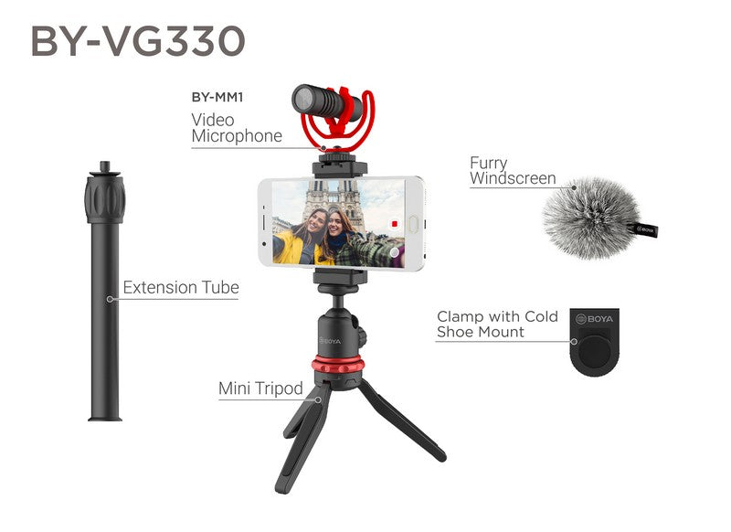 BOYA BY-VG330 universal smartphone video kit ideal for youtuber vlogger videographer filming video shotgun microphone condenser microphone shoe mount camera mobile phone application