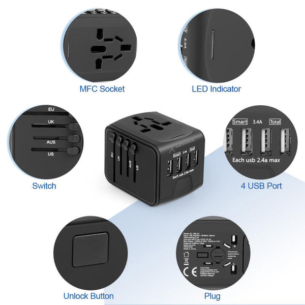 Universal Travel Adapter UTA-1440 All in One Worldwide Charger for US EU UK AUS with 4 USB Port epicka verbatim european outlet momax insignia global kit bez hyleton worldwide targus APK032us eagle creek foval power step down voltage power converter target 旅行萬用插頭 轉換插座 USB 充電插頭 features – GadgetiCloud