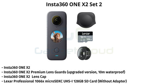 Set 2: Insta360 ONE X2, 128 GB memory card (without adapter), Insta360 ONE X2 Lens Cap, Insta360 ONE X2 Premium Lens Guards (upgraded version, 10m waterproof)