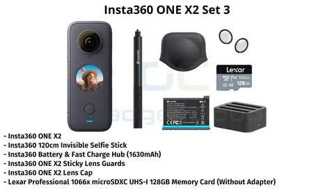 Set 3: Insta360 ONE X2, 128 GB memory card (without adapter), Insta360 120cm Invisible Selfie Stick, Battery (1630MAH) + Fast Charge Hub, Insta360 ONE X2 Lens Cap, Insta360 ONE X2 Sticky Lens Guards