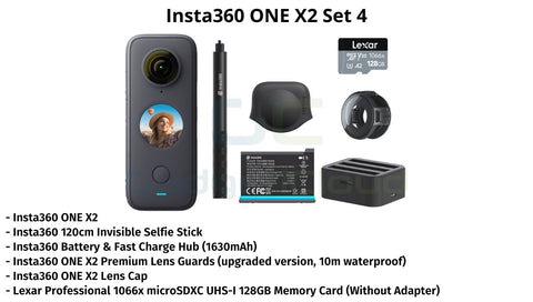 Set 4: Insta360 ONE X2, 128 GB memory card (without adapter), Insta360 120cm Invisible Selfie Stick, Battery (1630MAH) + Fast Charge Hub, Insta360 ONE X2 Lens Cap, Insta360 ONE X2 Premium Lens Guards (upgraded version, 10m waterproof)