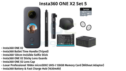 Set 5: Insta360 ONE X2, 128 GB memory card (without adapter), Insta360 120cm Invisible Selfie Stick, Battery (1630MAH) + Fast Charge Hub, Insta360 ONE X2 Lens Cap, Insta360 ONE X2 Sticky Lens Guards, Insta360 Bullet Time Handle (Tripod only)