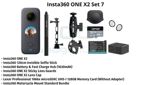 Set 7: Insta360 ONE X2, 128 GB memory card (without adapter), Insta360 Motorcycle Mount Standard Bundle (without a stick), Battery (1630MAH) + Fast Charge Hub, Insta360 120cm Invisible Selfie Stick, Insta360 ONE X2 Lens Cap, Insta360 ONE X2 Premium Lens Guards (upgraded version, 10m waterproof)