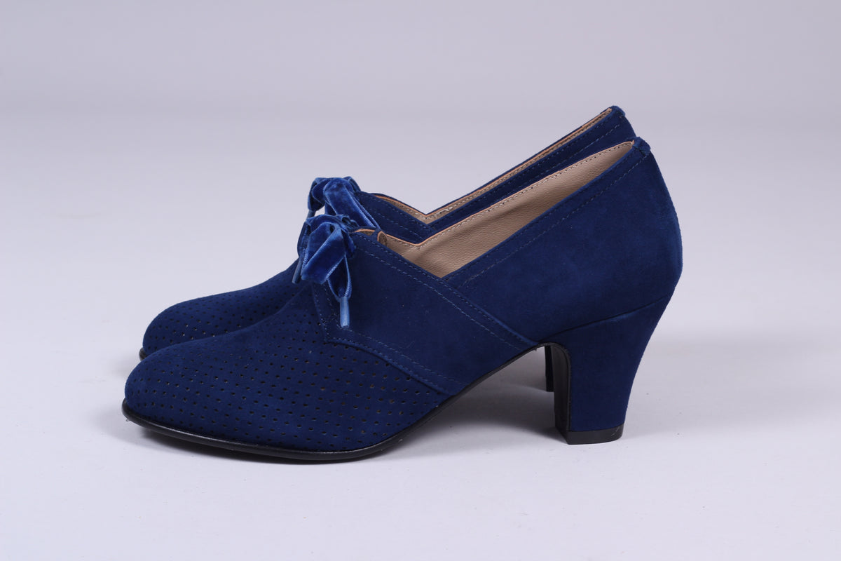 Navy blue 40's vintage style shoes in suede with lace – memery