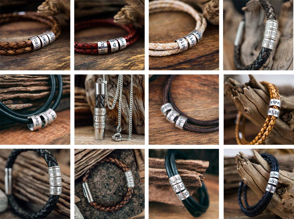 Eine Bildercollage von mehreren Lederarmbändern, veganen Armbändern und Halsketten für Männern. Alle mit Gravuren auf kleinen Echtsilberringen.