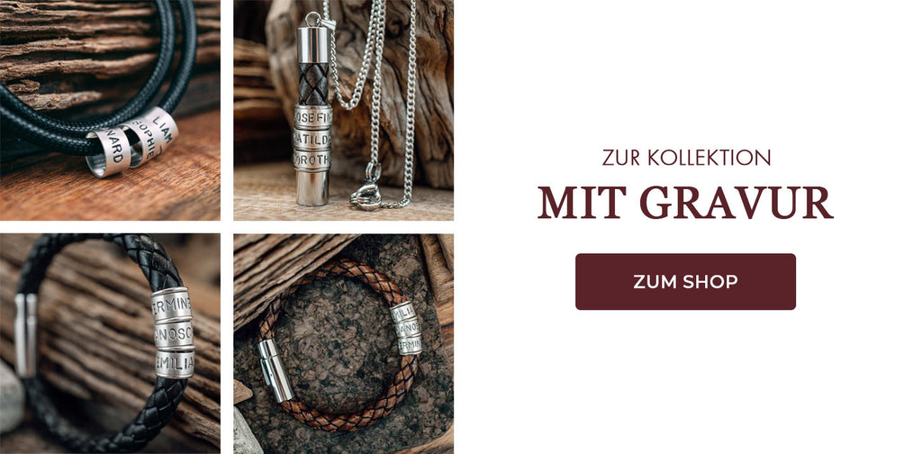 Collage aus vier Bildern, die Armbänder und Halsketten für Männer/Herren zeigen mit einem Button zum Shop.