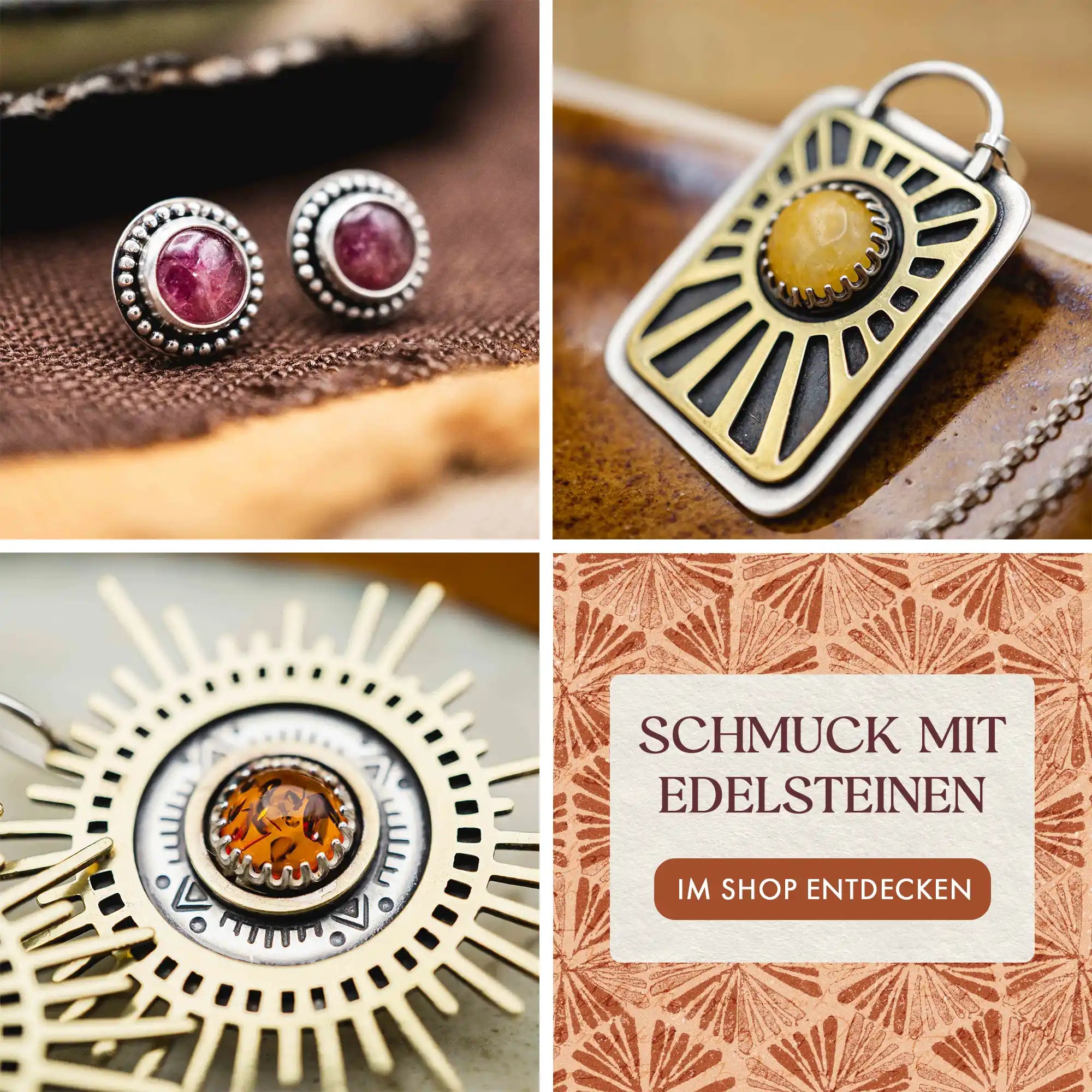 Handgemachter Schmuck mit Edelsteinen, pinke Turmalin Ohrstecker, eine Sonnenkette mit gelbem Achat und Sonnen Ohrringe mit Bernstein
