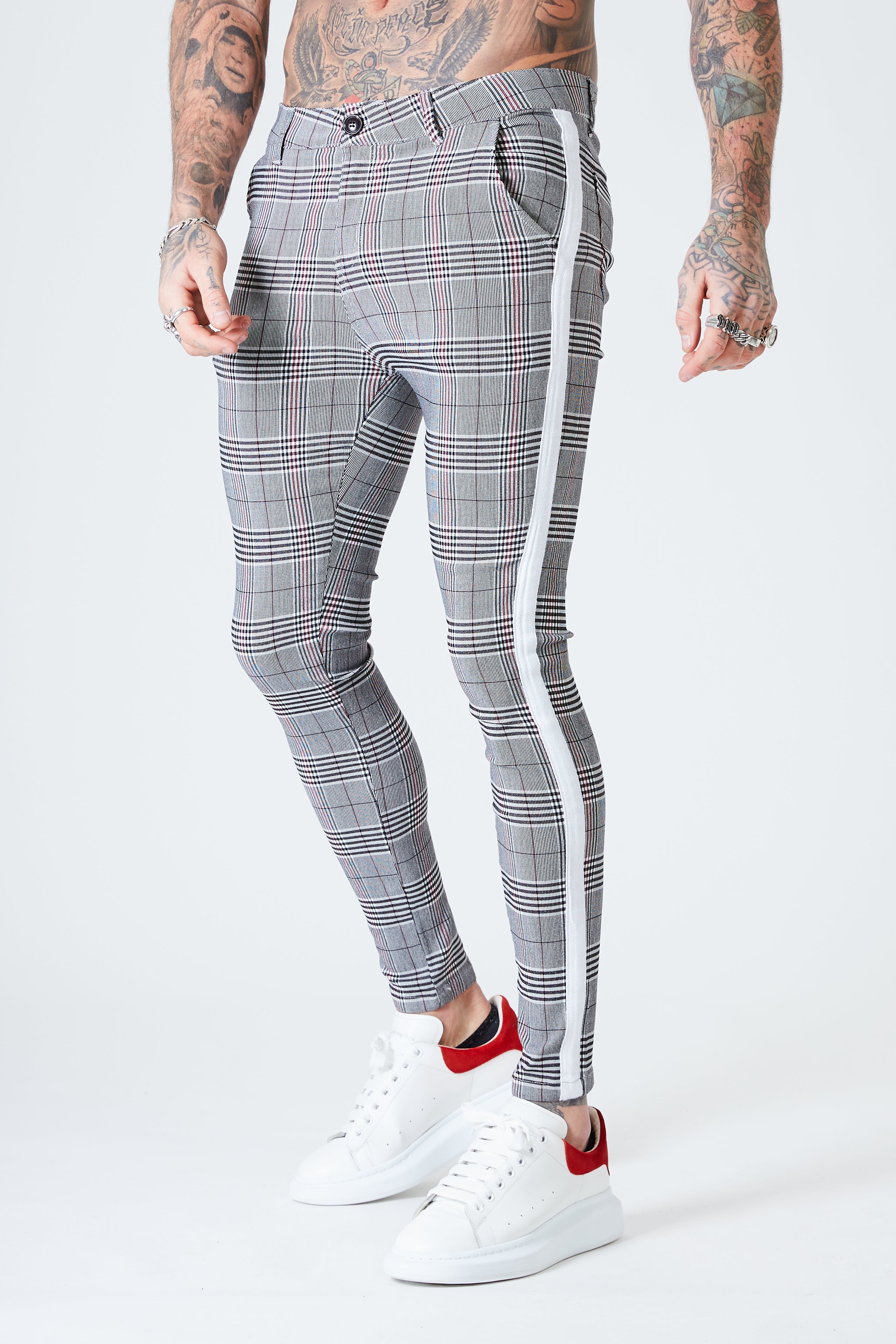 grey and black checkered trousers