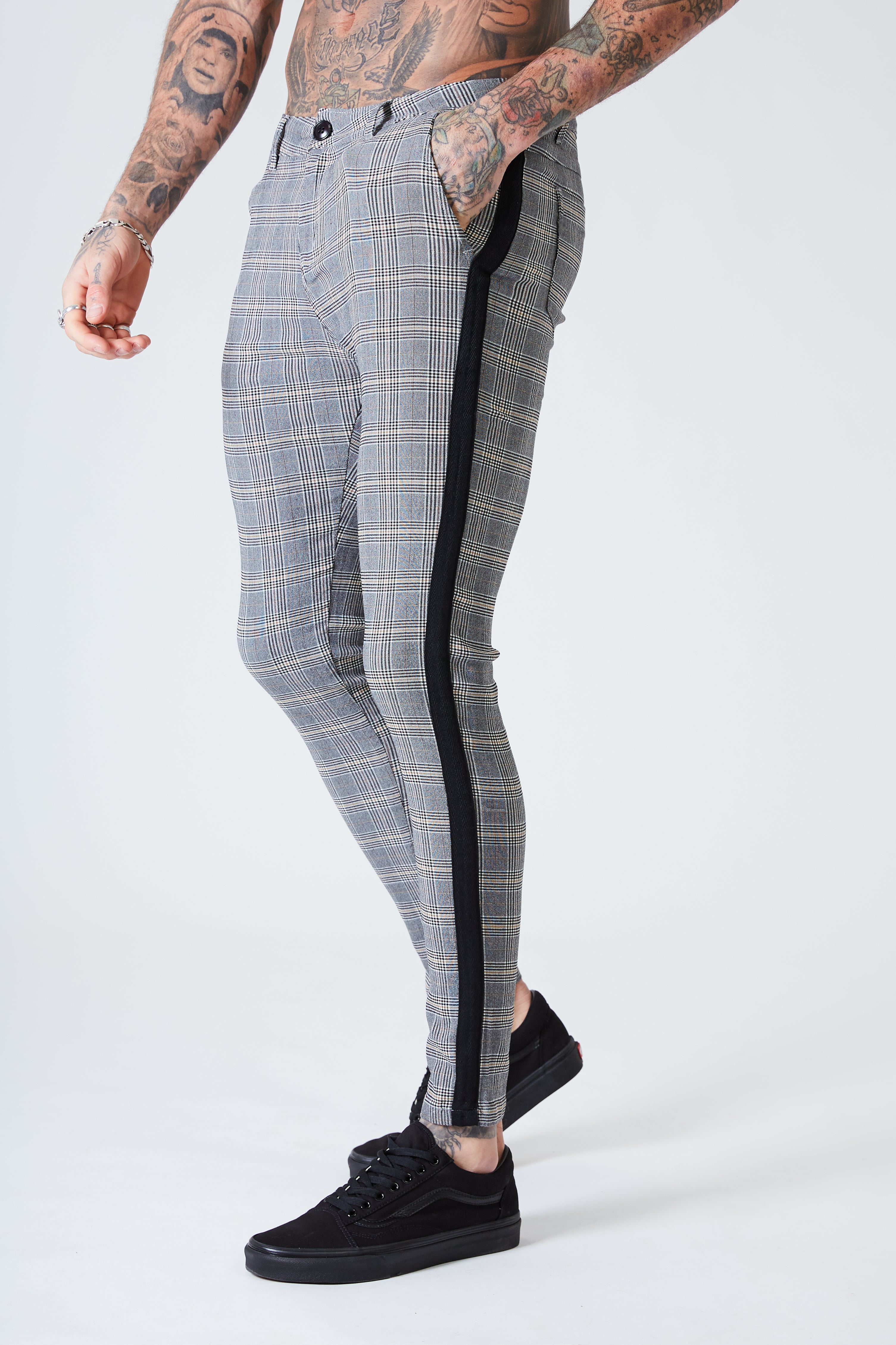 grey and black striped trousers