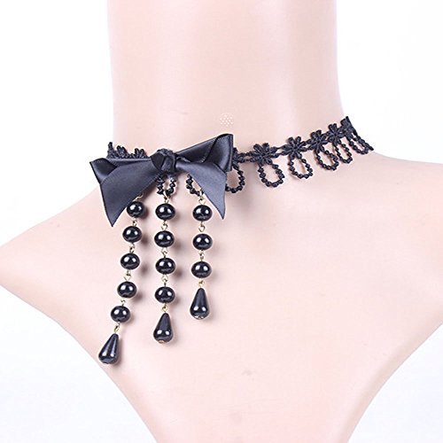 Acxico Elegant Black Pearl Tassels Bowknot Retro Lace Necklace Dress ...