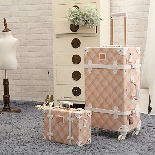 Unitravel Vintage Luggage Grid Pu Leather Retro Suitcase Spinner Wheels ...