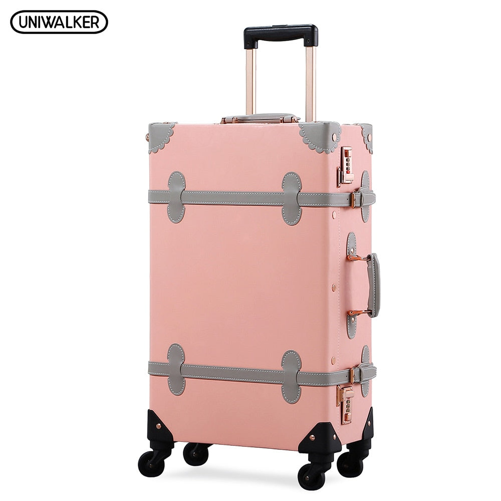 Uniwalker Women Crystal Pink Vintage Pu Leather Suitcase Travel Trolley ...