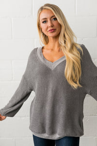 Double V Waffle Knit Top In Gray - ALL SALES FINAL