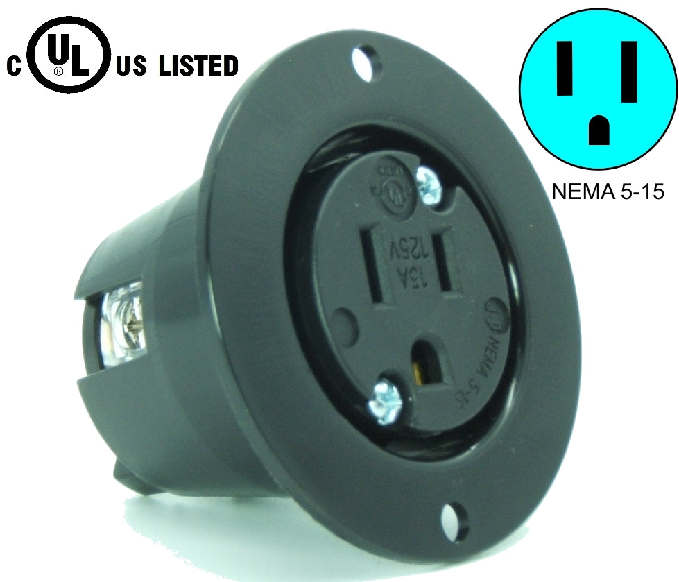 NEMA 5-15 Flanged Outlet Receptacle, 15A 125v, Black HJP-5279