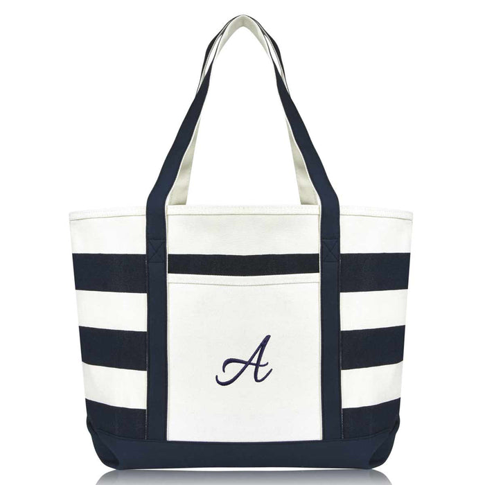 blue and white striped beach bag