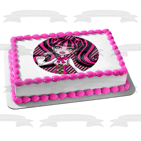 Monster High Draculaura with a Pink and Black Striped Backgound Edible – A  Birthday Place