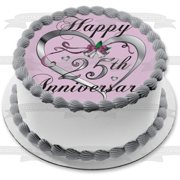 Happy 25th Anniversary Silver Heart Edible Cake Topper Image Abpid1304 A Birthday Place