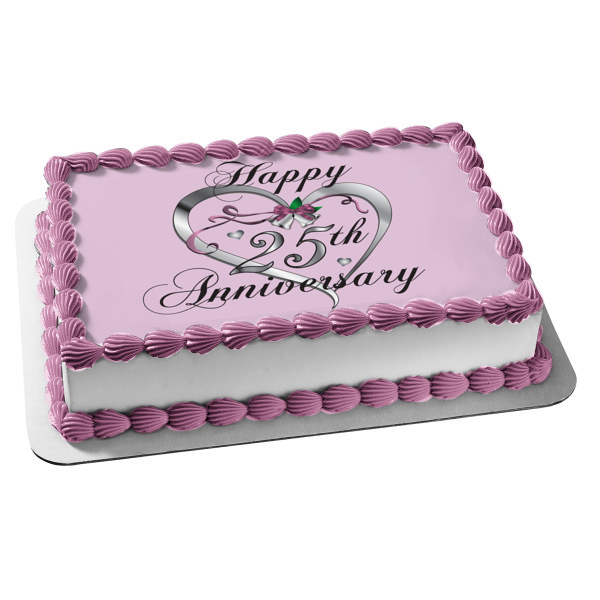 Happy 25th Anniversary Silver Heart Edible Cake Topper Image Abpid1304 A Birthday Place