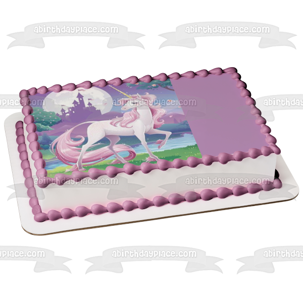 Unicorn Pink Hair Trees Castle Moon Edible Cake Topper Image Abpid2216 A Birthday Place