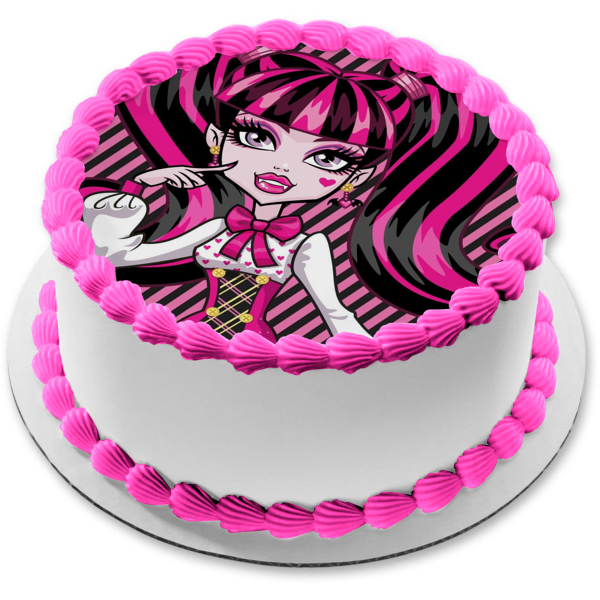 Monster High Draculaura with a Pink and Black Striped Backgound Edible – A  Birthday Place