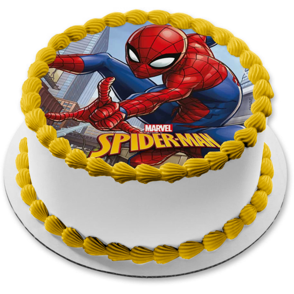 Marvel Spider Man Shooting Webs Buildings Background Edible Cake Toppe A Birthday Place