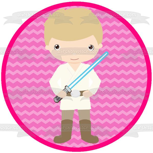 Star Wars Cartoon Anakin Skywalker Lightsaber Pink Background Edible Cake Topper Image ABPID12728