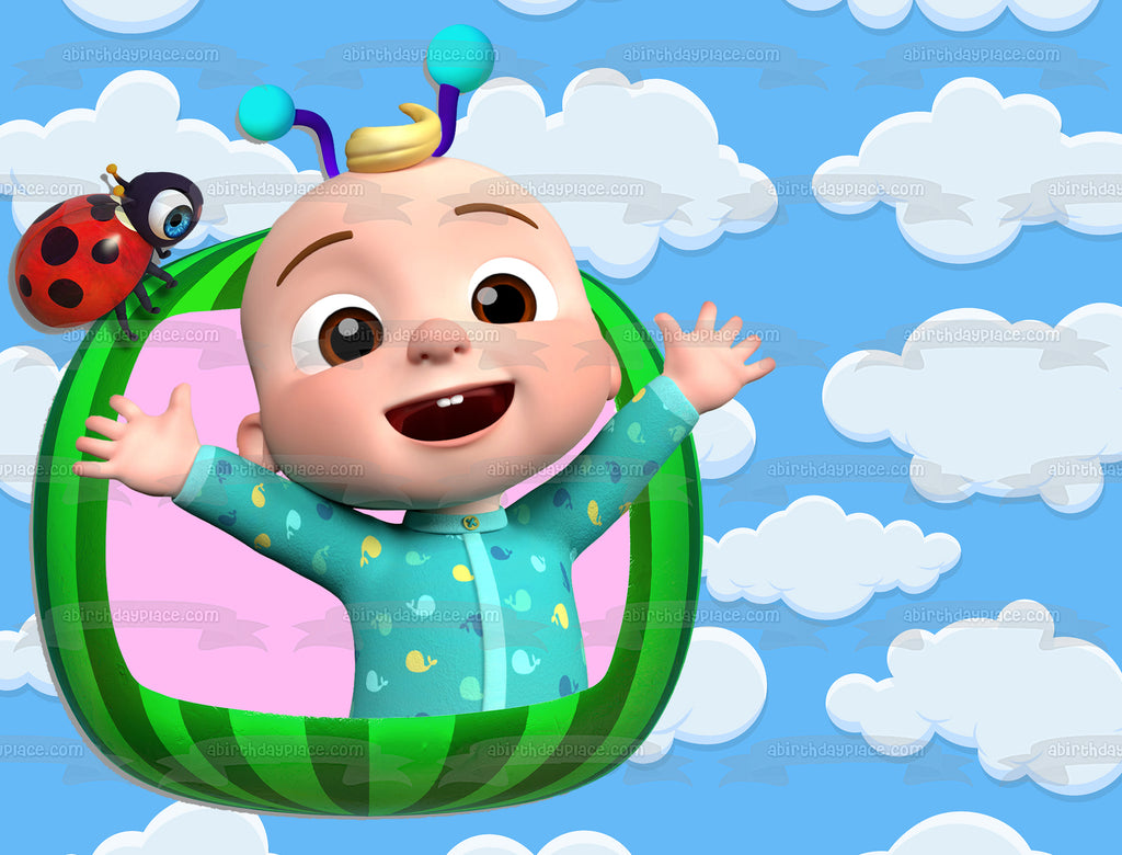 Cocomelon Baby JJ In Watermelon Ladybug Clouds Filled Background Edibl ...