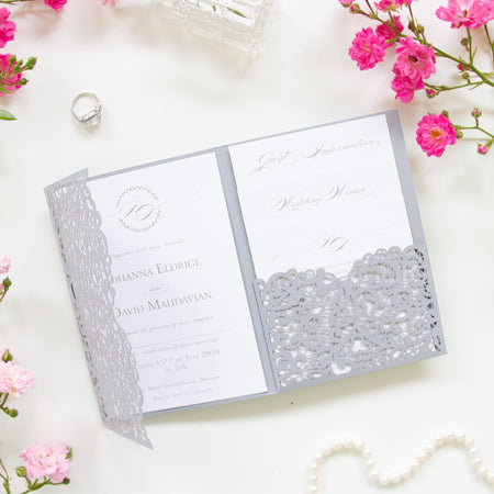 Grey Pocketfold Lace Floral Wedding Invitations Self Stationery