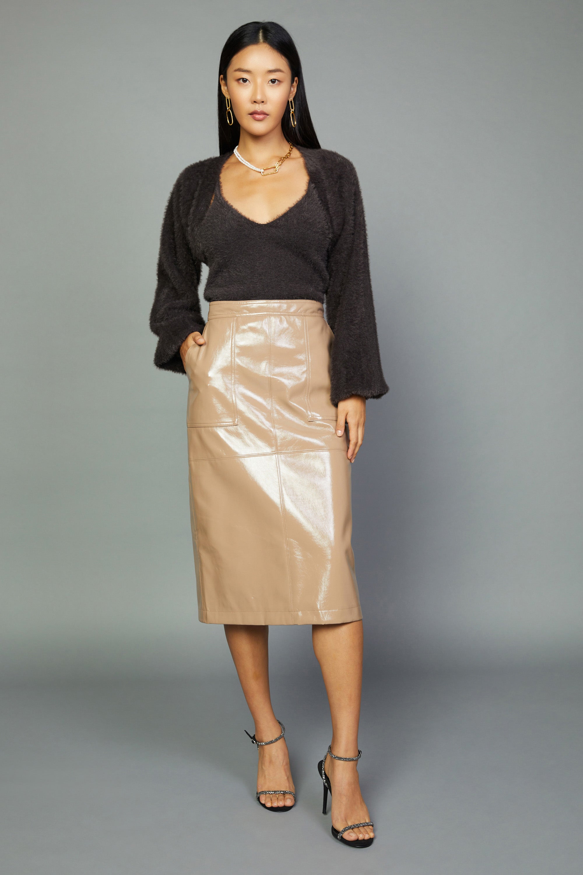 Faux Patent Leather Midi Skirt – CURRENT AIR