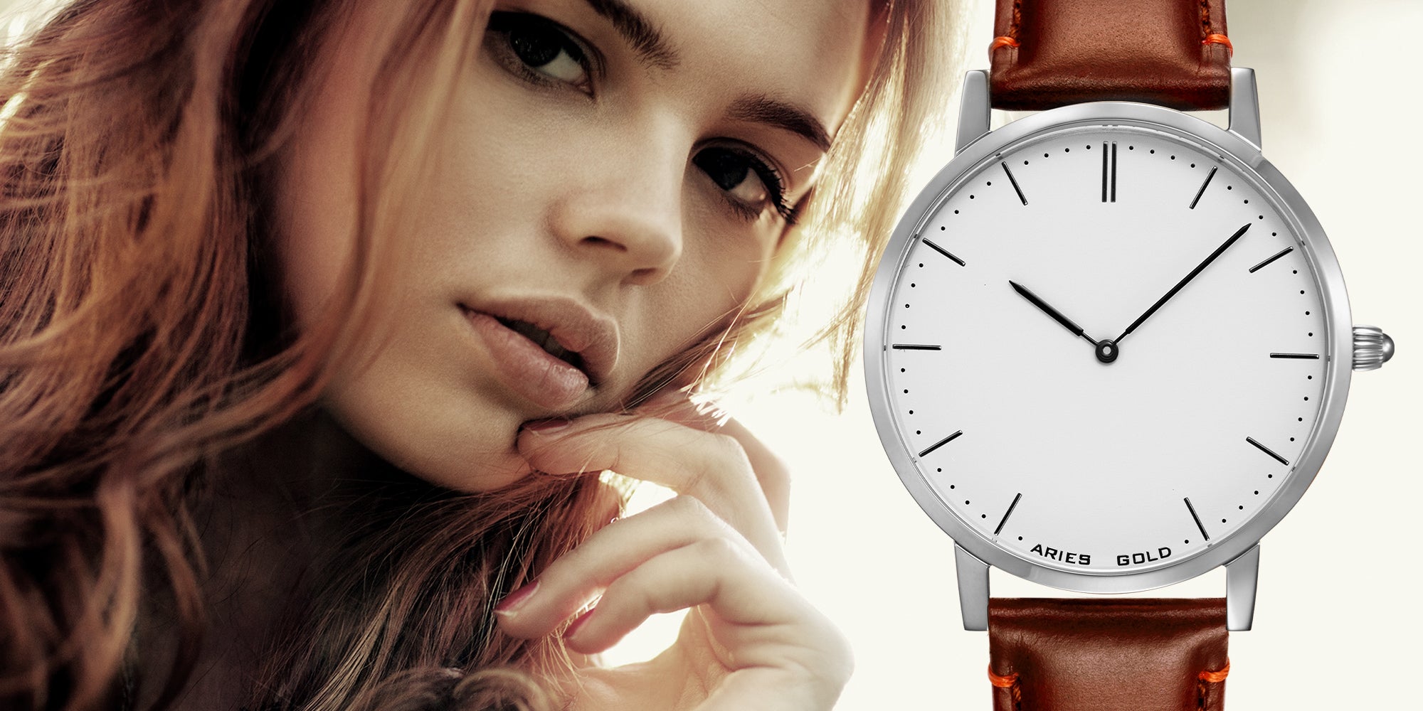 白羊座金都市探戈玫瑰金不锈钢 L 1008 RG-BEI 棕色皮表带女式手表 - H2 Hub 手表