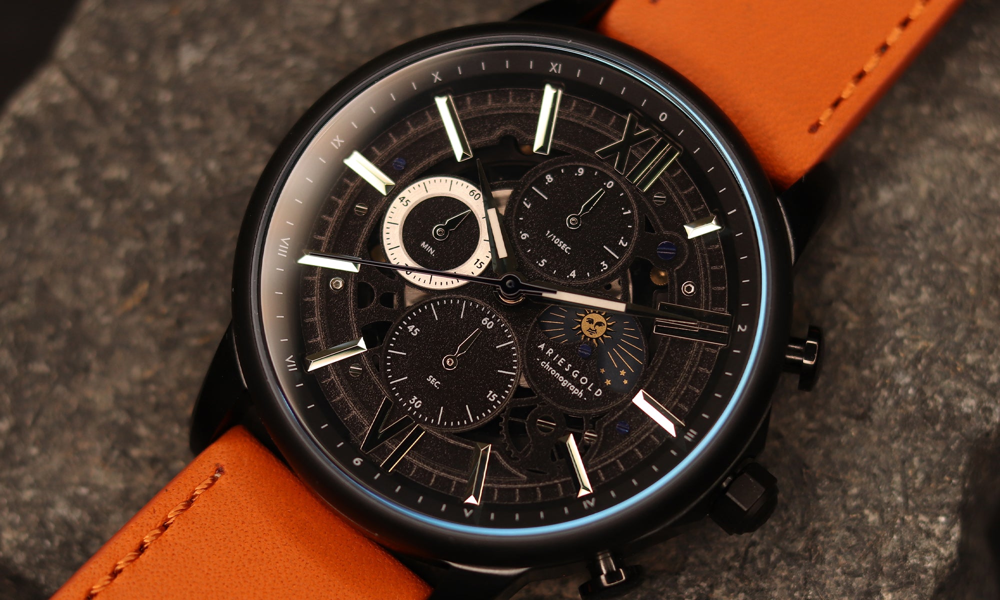 ARIES 金色贝尔法斯特月亮 G 7013 RG-BURG 皮革男士手表 - H2 Hub 手表