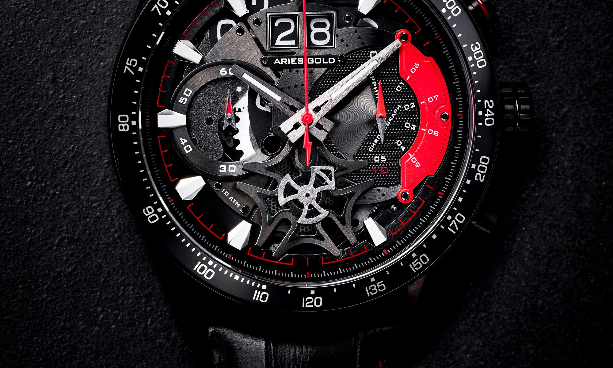 白羊座金色计时 JOLTER 黑色不锈钢 G 7008 BK-YW 皮革表带男士手表 - H2 Hub 手表
