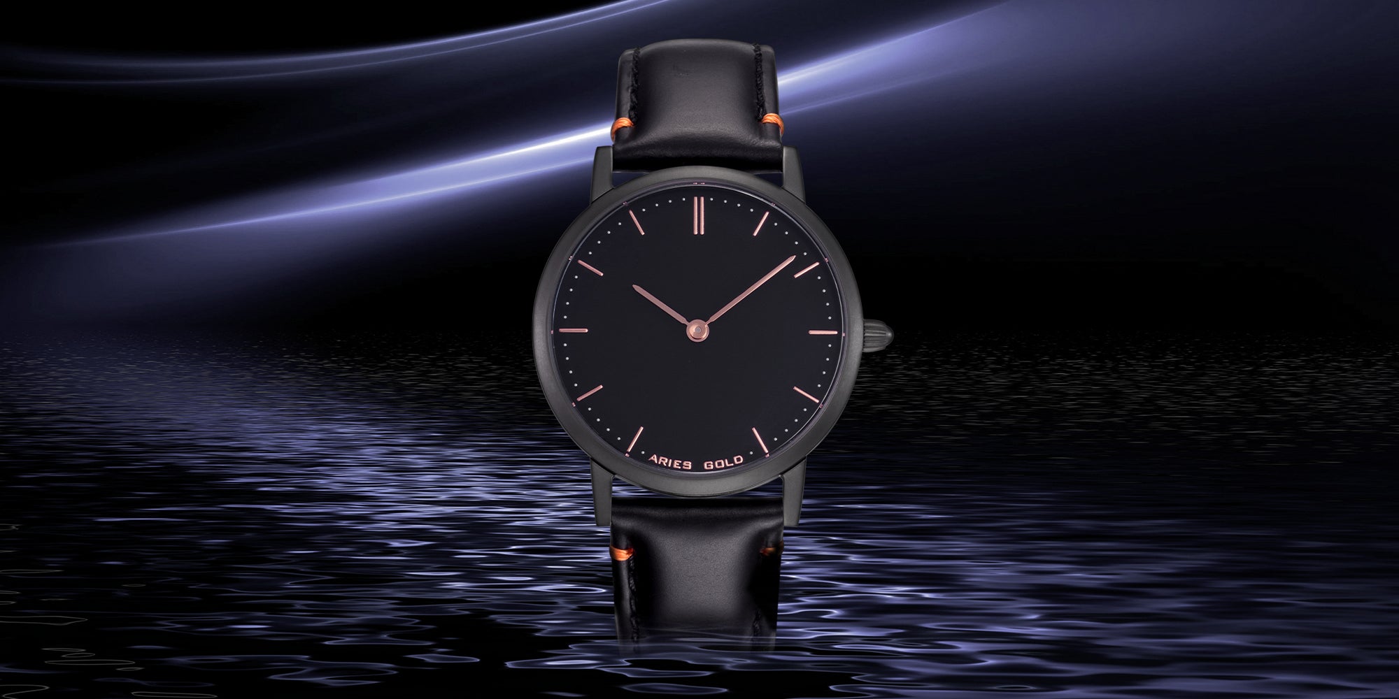 白羊座金色都市探戈黑色不锈钢 L 1008 BK-BK 皮革表带女士手表 - H2 Hub 手表