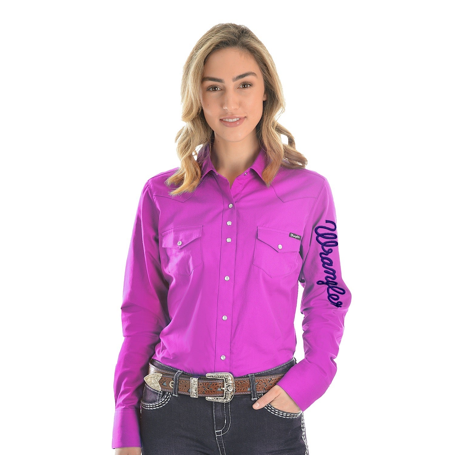 Buy Wrangler Womens Logo L/S Drill Shirt Magenta - The Stable Door