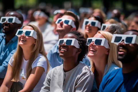 Photo of a group of people wearing eclipse glasses look toward the sky