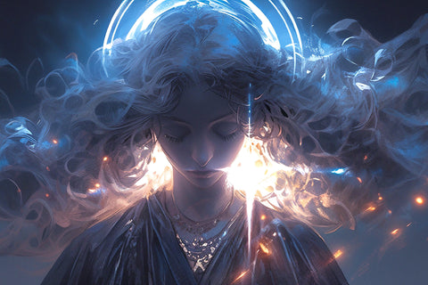 Illustration of a woman looking down with her hair blowing. A Cosmic dance of the sun and moon take place behind her.