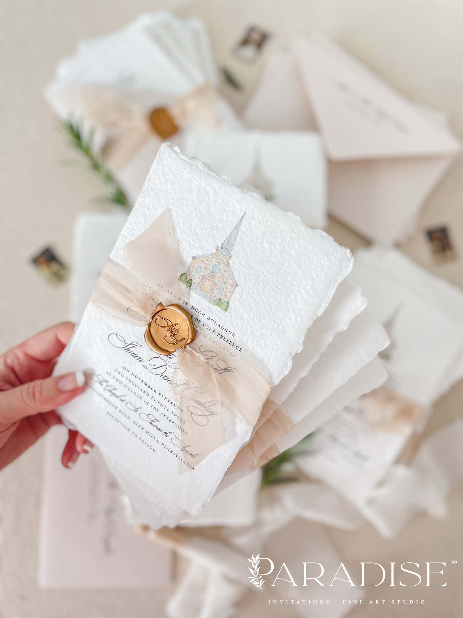 handmade paper, deckled edges paper, wedding invitations, wedding invitation suite, wedding stationery, invitations, silk ribbons, wax seals